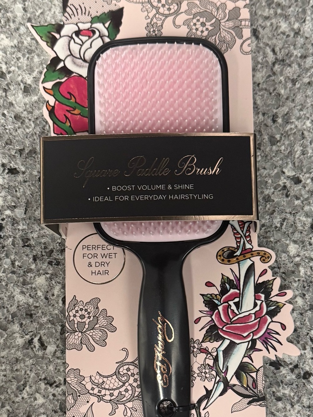 Ed Hardy wet dry Pink and Black Square Paddle Brush